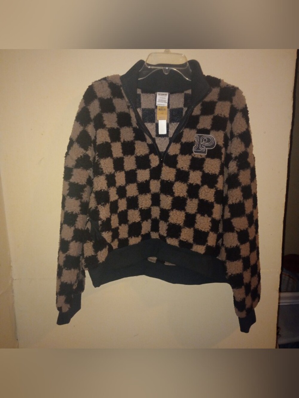 NWT VS Pink Iced Coffee Brown Checkered Sherpa Half Zip Sweatshirt Size Large